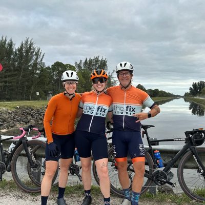 Fix coaches Sophie St-Jacques, Larry Foss and Katie Otte riding gravel